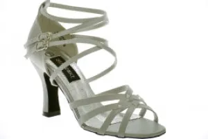 3.38" Vera -- Flare Heel Latin Sandal -- Silver Satin