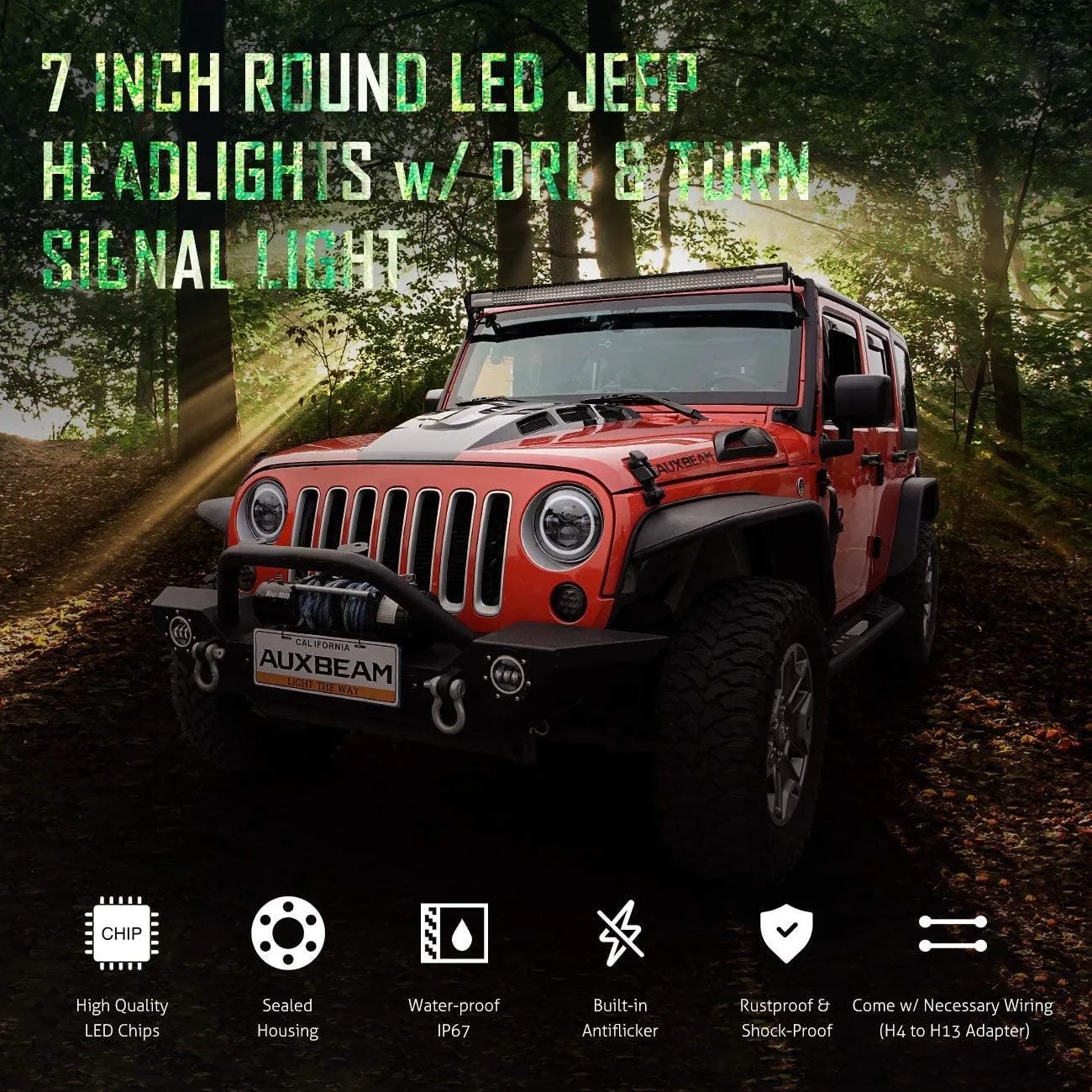 AUXBEAM 7 Inch LED Halo Headlight Replacement for Jeep Wrangler TJ CJ JK