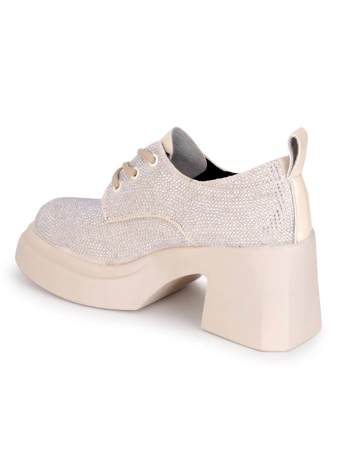 Beige Diamante Embellished Lace-Up Sneakers (TC-RS3641-BEIG)