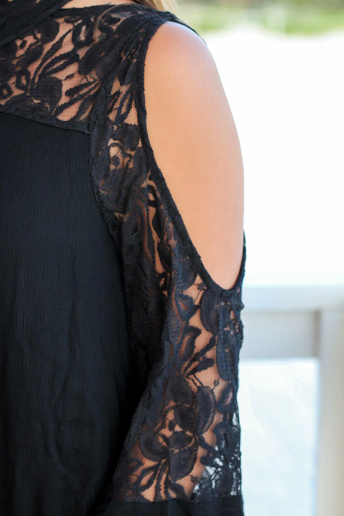 Black Short Dress with Lace Cut Out Sleeves