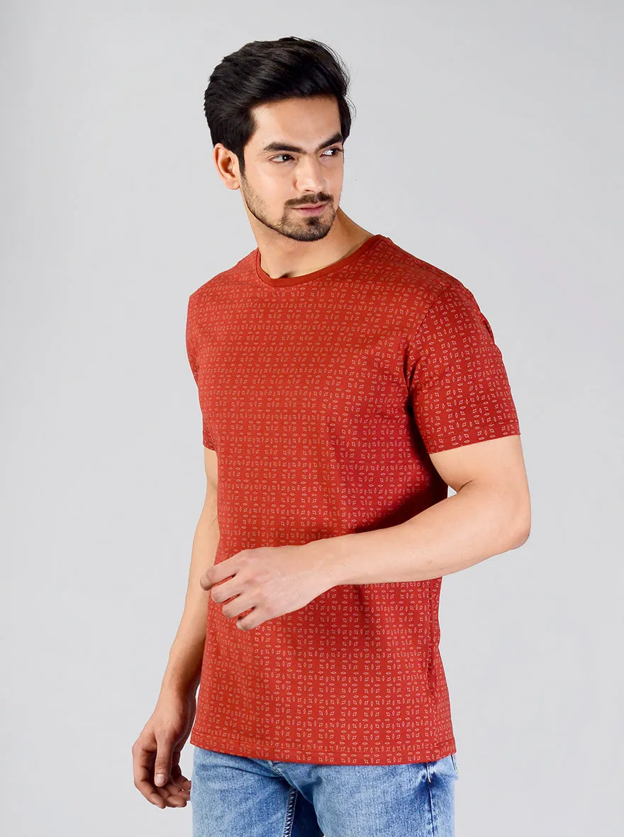 Burnt Red Printed Slim Fit T-shirt | JadeBlue