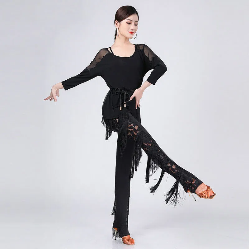 Crew Neck Lace Latin Outfits with Tassels (Top Pants)