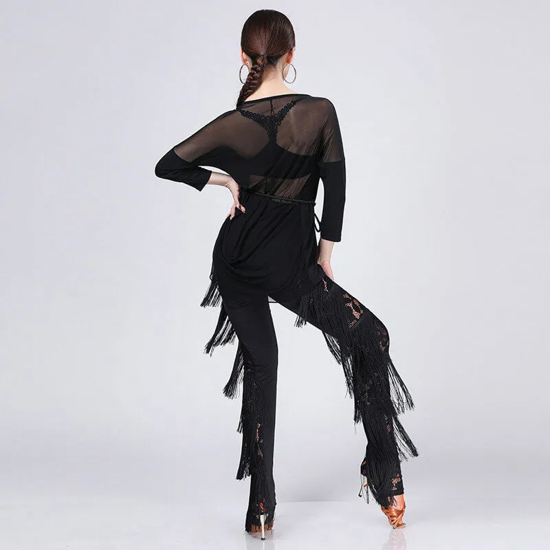 Crew Neck Lace Latin Outfits with Tassels (Top Pants)