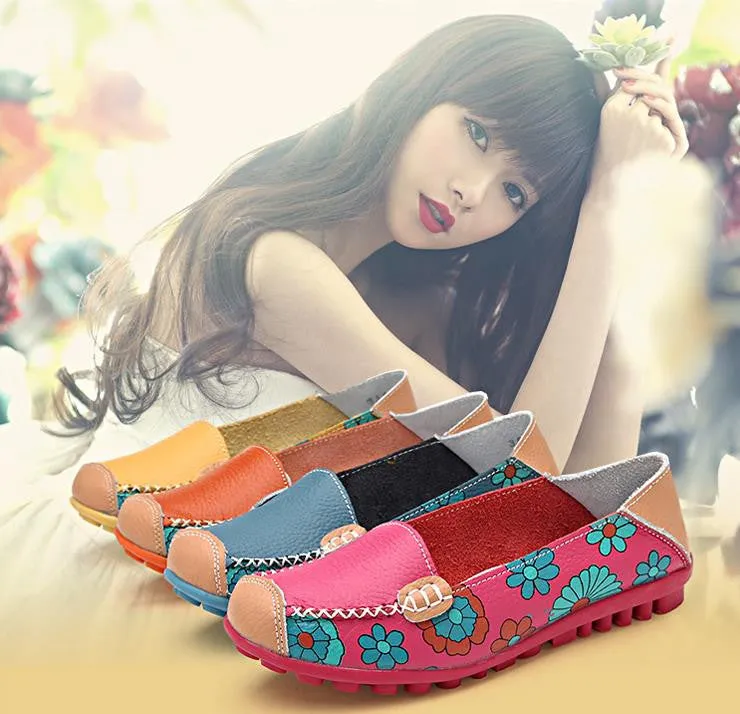 Fashion genuine leather women flats spring and autumn color block single shoes for woman casual mother shoes