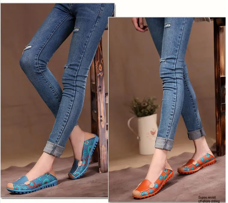 Fashion genuine leather women flats spring and autumn color block single shoes for woman casual mother shoes