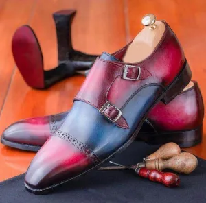 Handmade Men's Burgundy Leather Monk Strap Blue Cap Toe