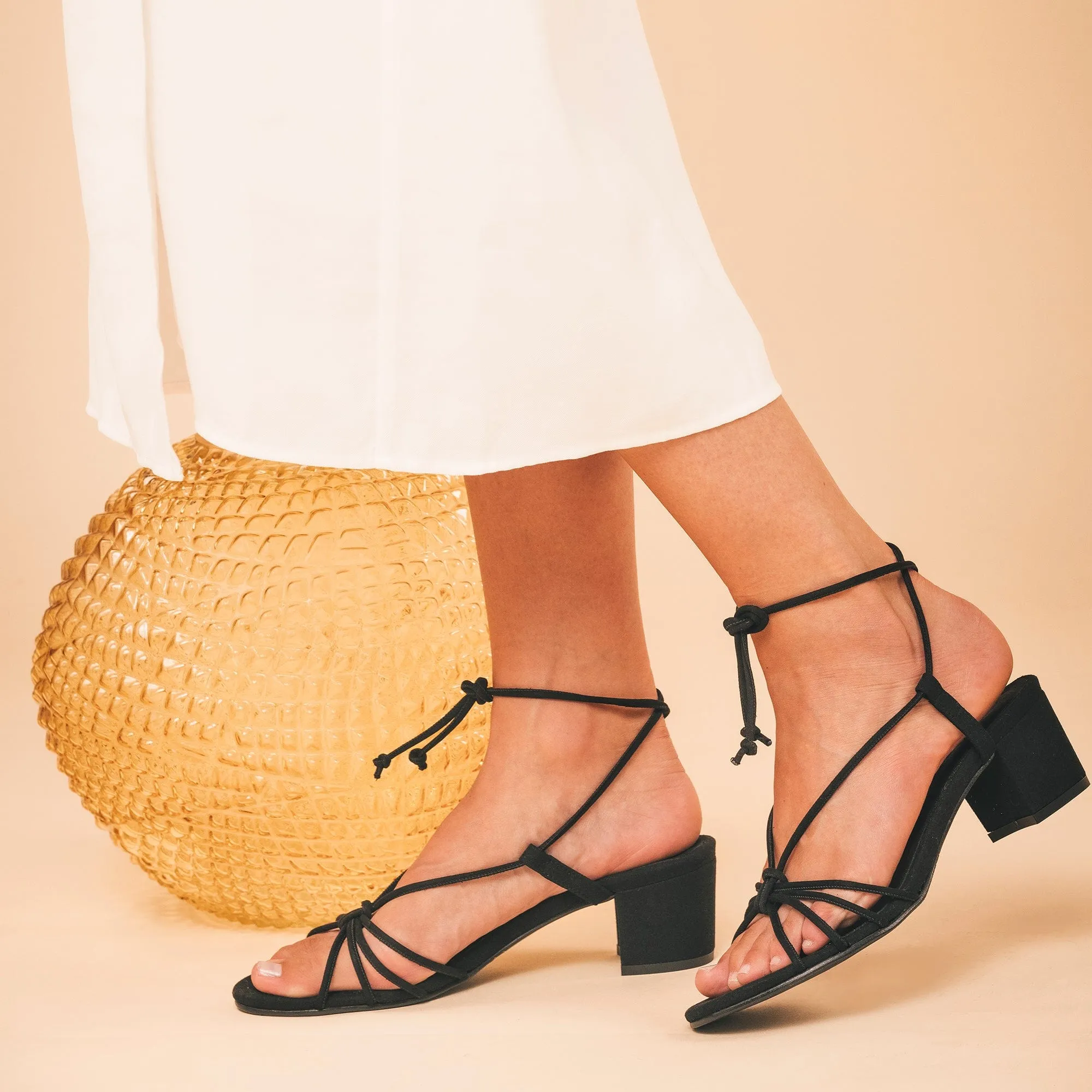 Holly Vegan Suede Heeled Ankle Laced Sandals | Black