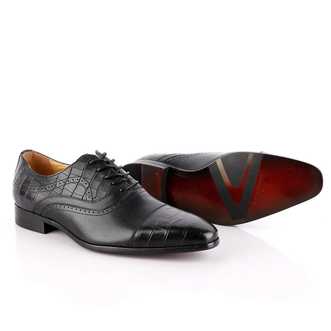 John Foster Oxford Wingtip Croc Laceup Black Leather Shoes