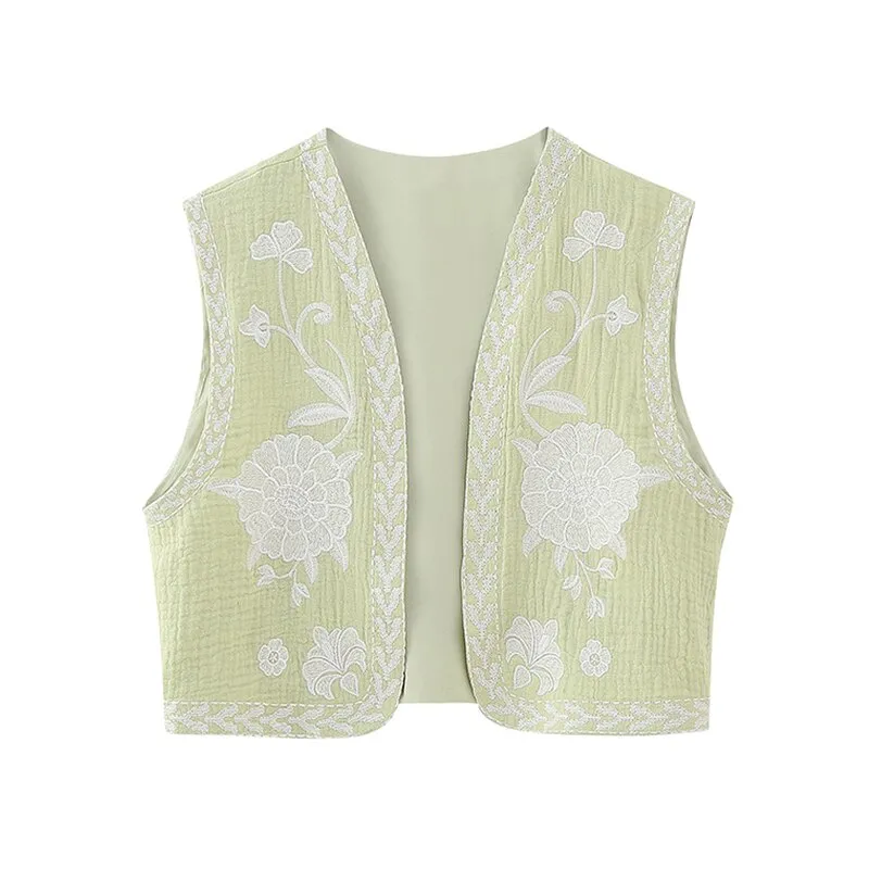 Joskaa Vintage Floral Embroidered Open WaistCoat Women Spring National Style Vest Jacket Outfits Lady Fashion Casual Vacation Crop Top