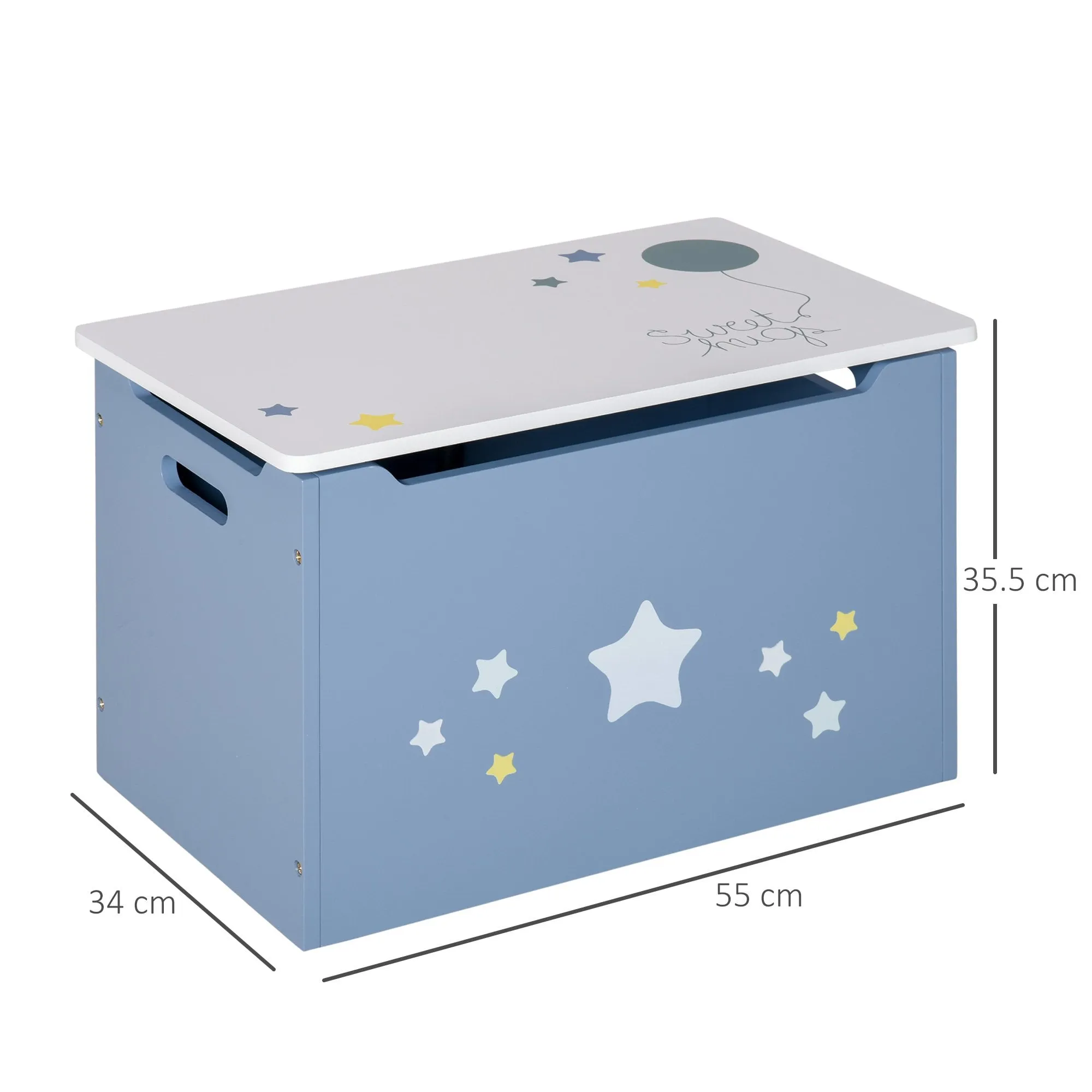 Kids Wooden Toy Storage Chest with Gas Stay Bar Safety Hinges Lid 55 x 34 x 35.5cm Blue w/