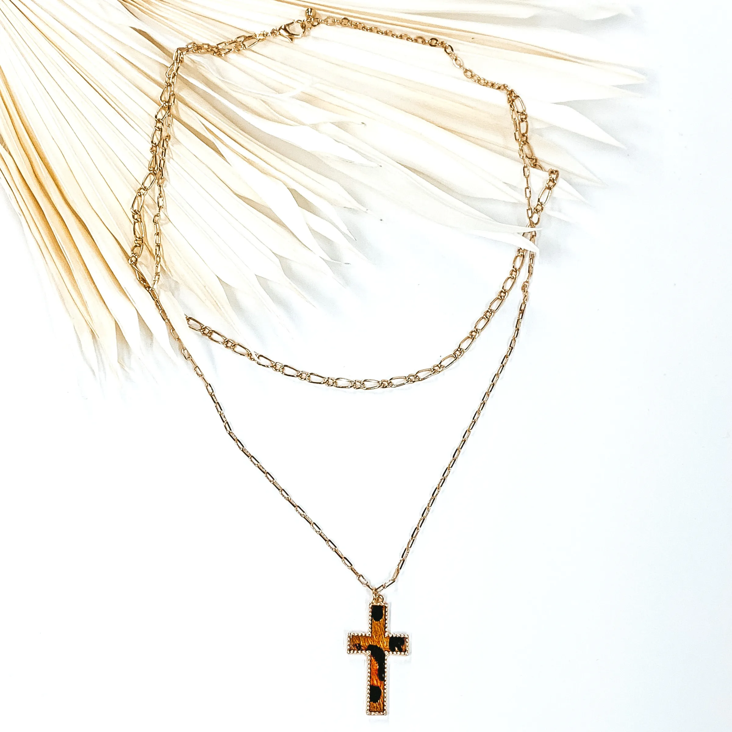 Layered Chain Necklace with Cross Pendant in Brown Animal Print