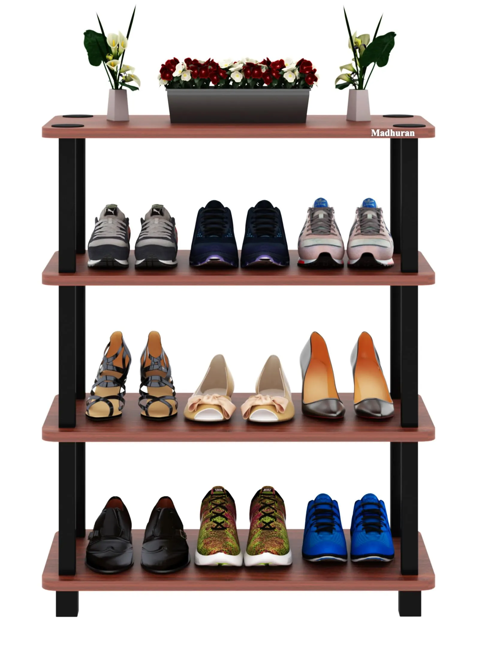 Madhuran Shoe Rack Tier 4 Display Shelf Wood Standing Storage Shelf Slipers Bench Shoes Organizer Living Room Dust-Proof Shoe Cabinet Wenge