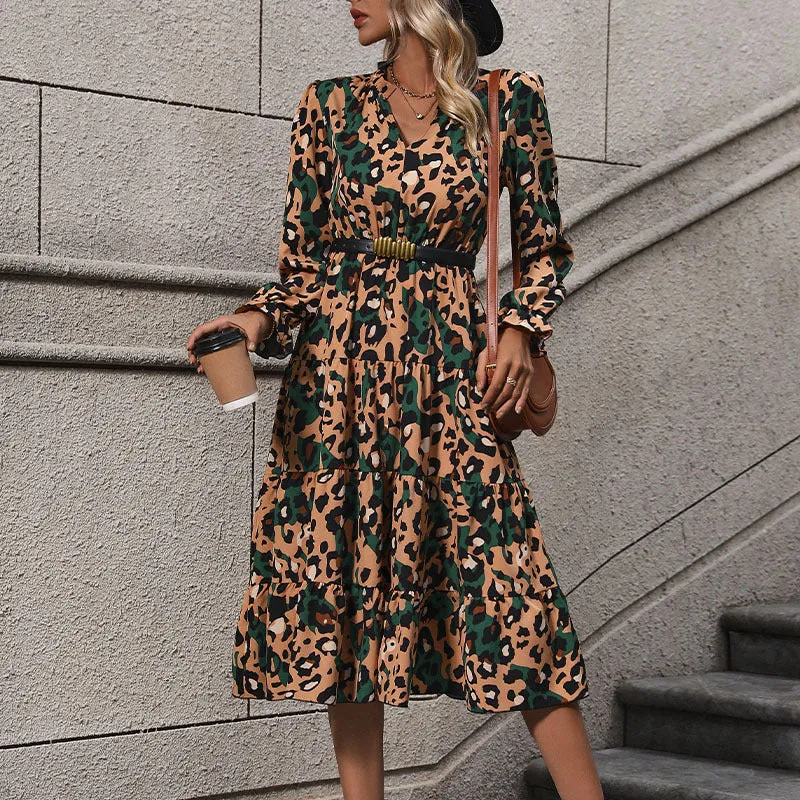 METAVERSMALL New Hot Trade New New 2025 Autumn Women's  Medium and Long Sleeve Leopard Print Dress