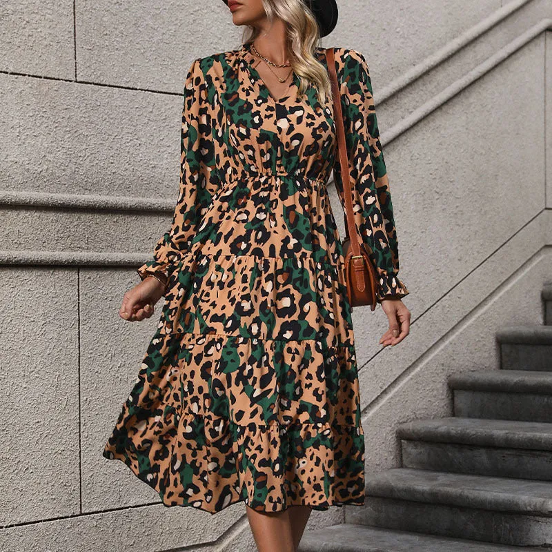 METAVERSMALL New Hot Trade New New 2025 Autumn Women's  Medium and Long Sleeve Leopard Print Dress