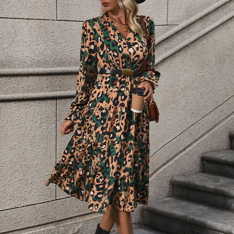 METAVERSMALL New Hot Trade New New 2025 Autumn Women's  Medium and Long Sleeve Leopard Print Dress