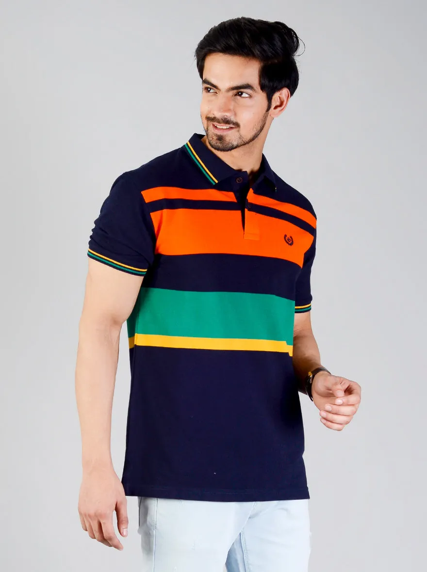 Orange & Green Striped Slim Fit Polo T-shirt | Greenfibre