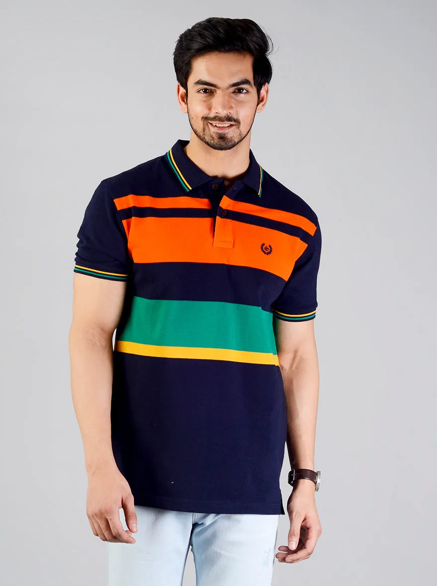 Orange & Green Striped Slim Fit Polo T-shirt | Greenfibre