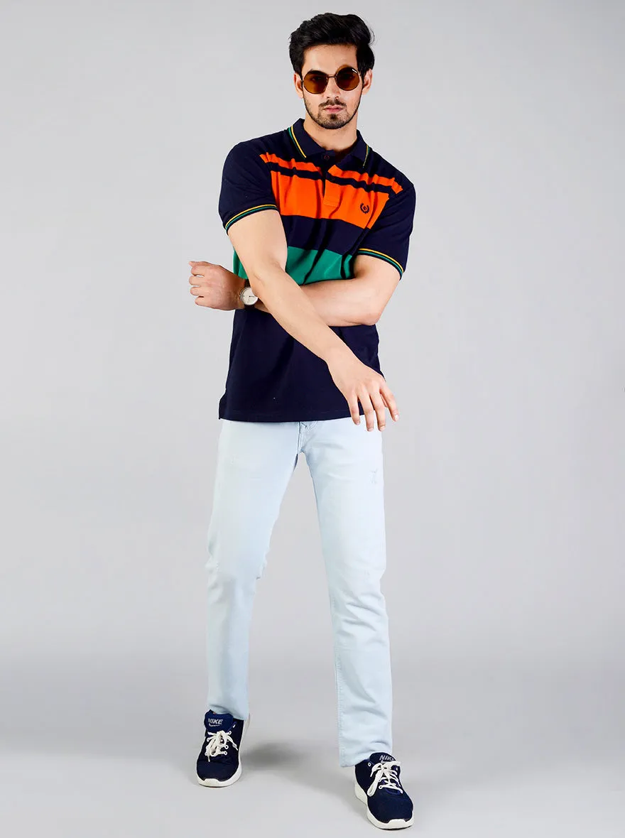 Orange & Green Striped Slim Fit Polo T-shirt | Greenfibre