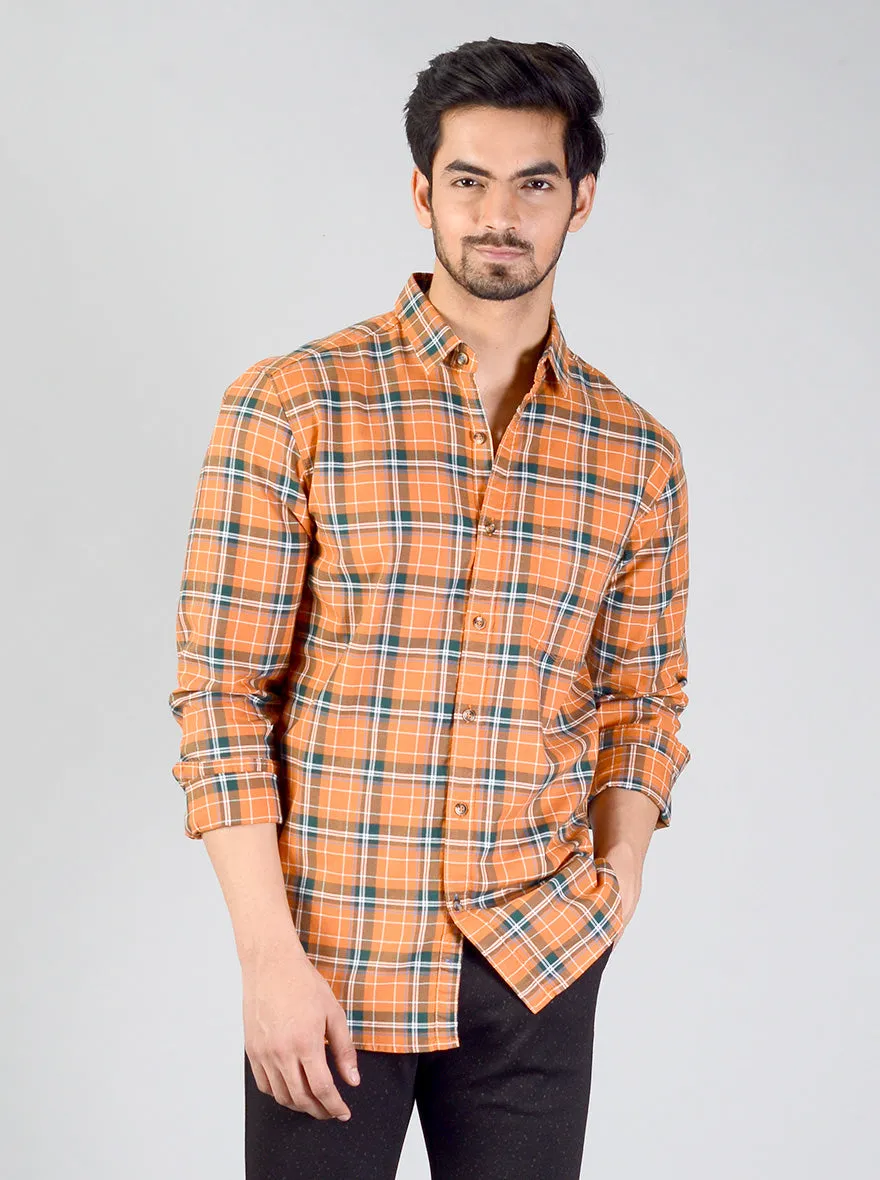 Orange Checked Slim Fit Casual Shirt | JadeBlue