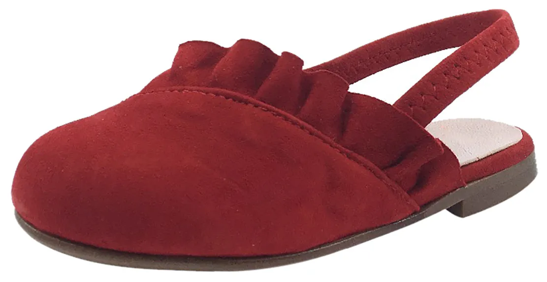 Papanatas by Eli Girl's Red Suede Elastic Cross Ruffle Slip On Sandal Mule Flats