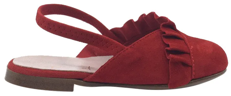 Papanatas by Eli Girl's Red Suede Elastic Cross Ruffle Slip On Sandal Mule Flats