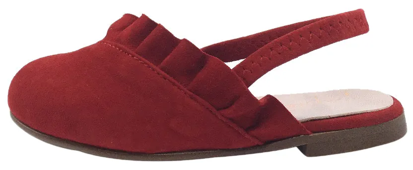 Papanatas by Eli Girl's Red Suede Elastic Cross Ruffle Slip On Sandal Mule Flats