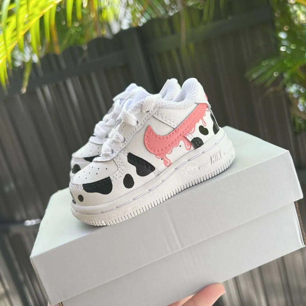 Pink Drip Cow Print Custom Air Force 1 Sneakers. Baby, Toddler, Little Kids