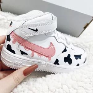 Pink Drip Cow Print Custom Air Force 1 Sneakers. Baby, Toddler, Little Kids