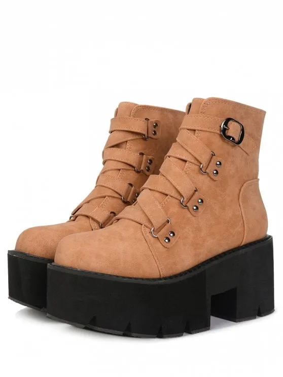 Pretty Criss Cross Buckle Strap Platform Boots