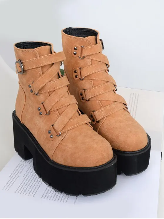 Pretty Criss Cross Buckle Strap Platform Boots