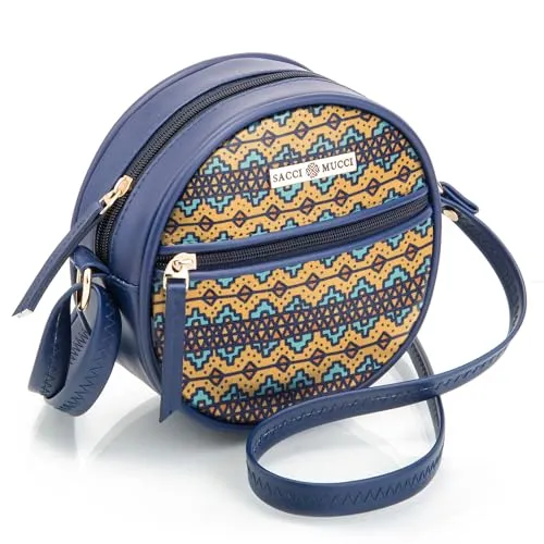 SACCI MUCCI Round Round Sling Bag, Printed Sling Bag For Girls, Crossbody Bag For Women, gifts for women-EthnicTraditional Print (Blue)