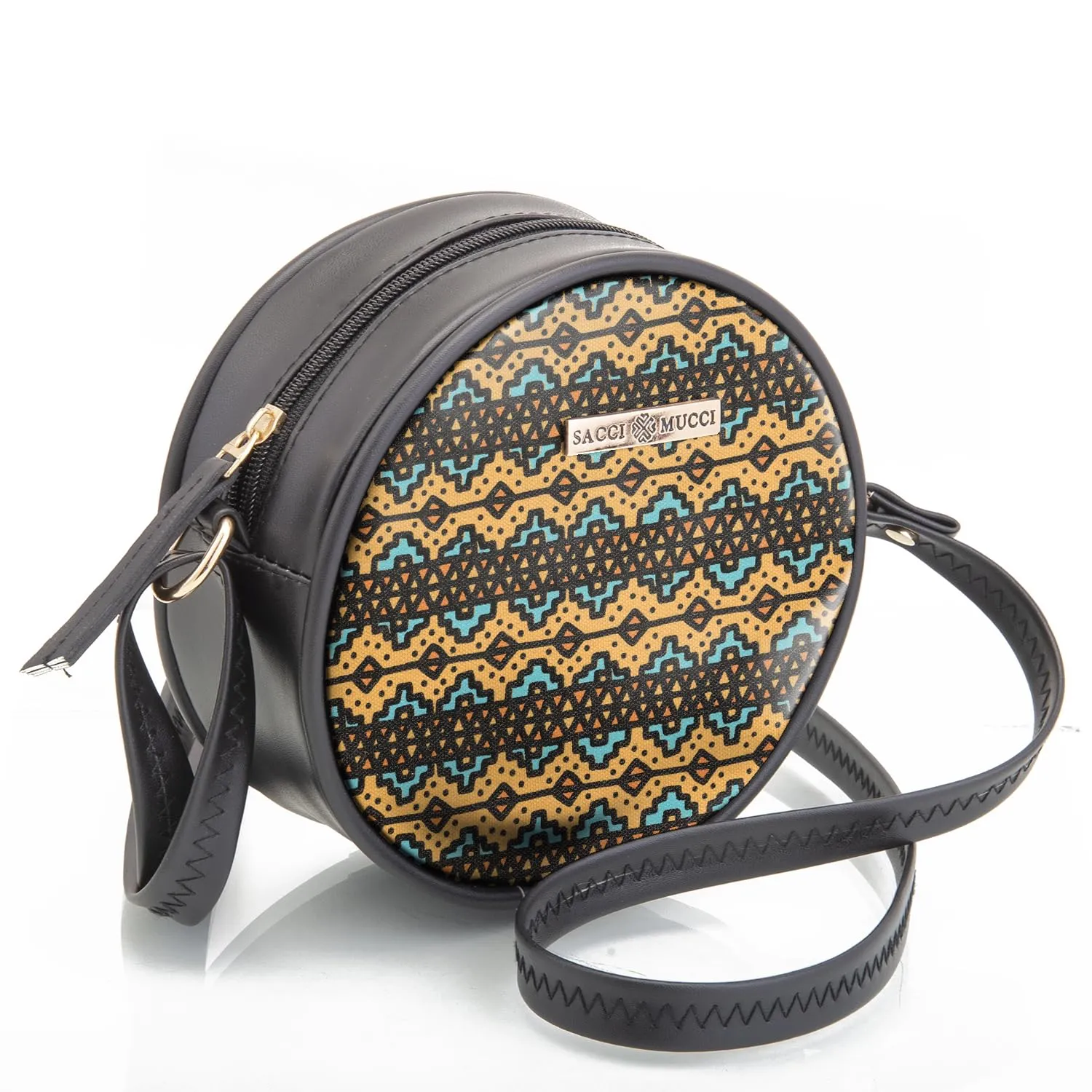 SACCI MUCCI Round Sling Bag, Printed Sling Bag For Girls, Women Sling Bag, Crossbody Bag For Women, gifts for women/Girls -EthnicTraditional Print (Black)