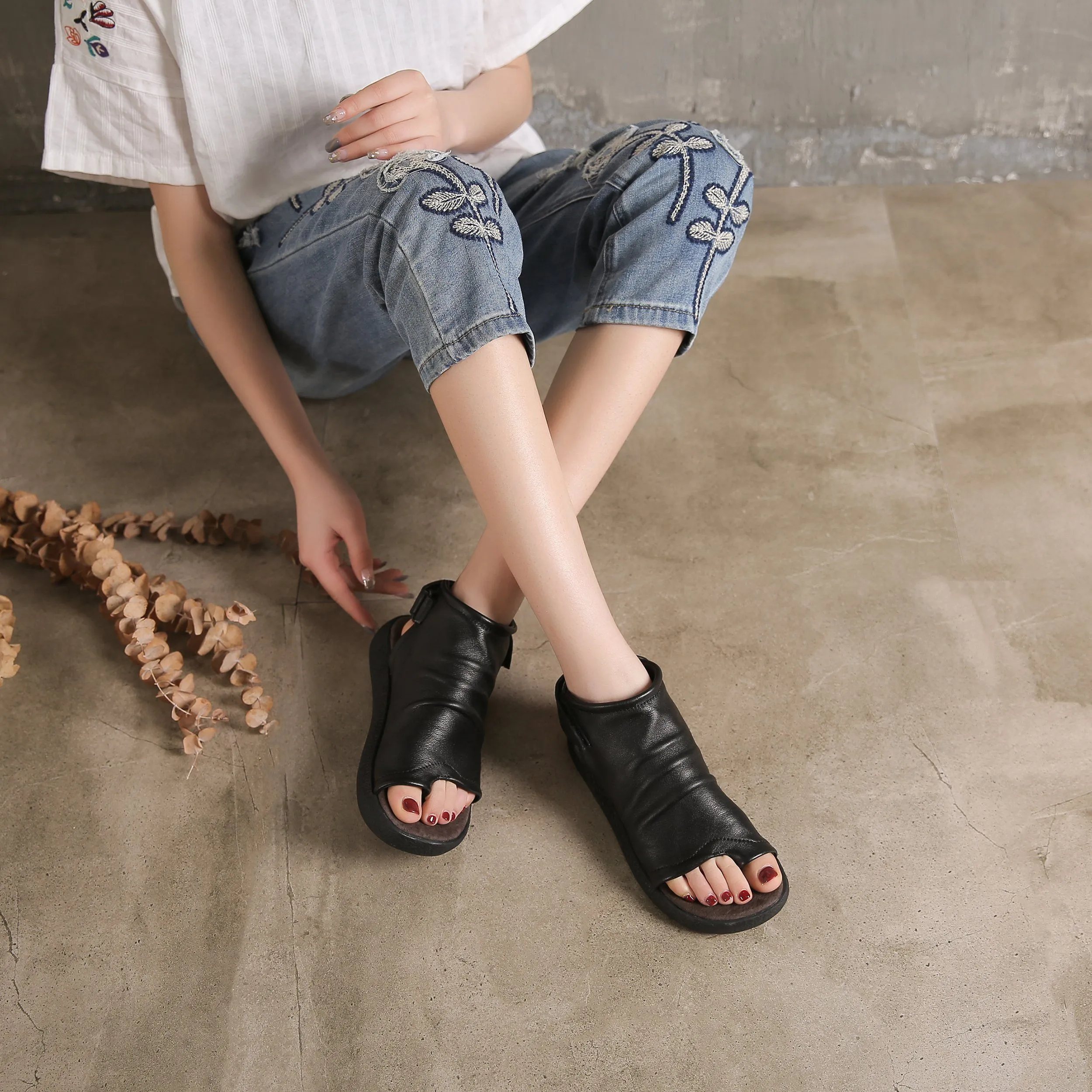 Sandals Boots Soft Cowhide Leather Plantform Summer Boots Open Peep Toe Post Wrap Ankle Sandals Flatforms Black/Coffee/Brown