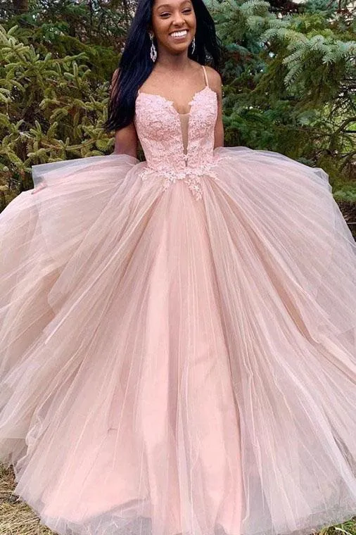 Spaghetti Straps Tulle Long Prom Dress with Lace Appliques, New Pink Long Party Dress UQ2466