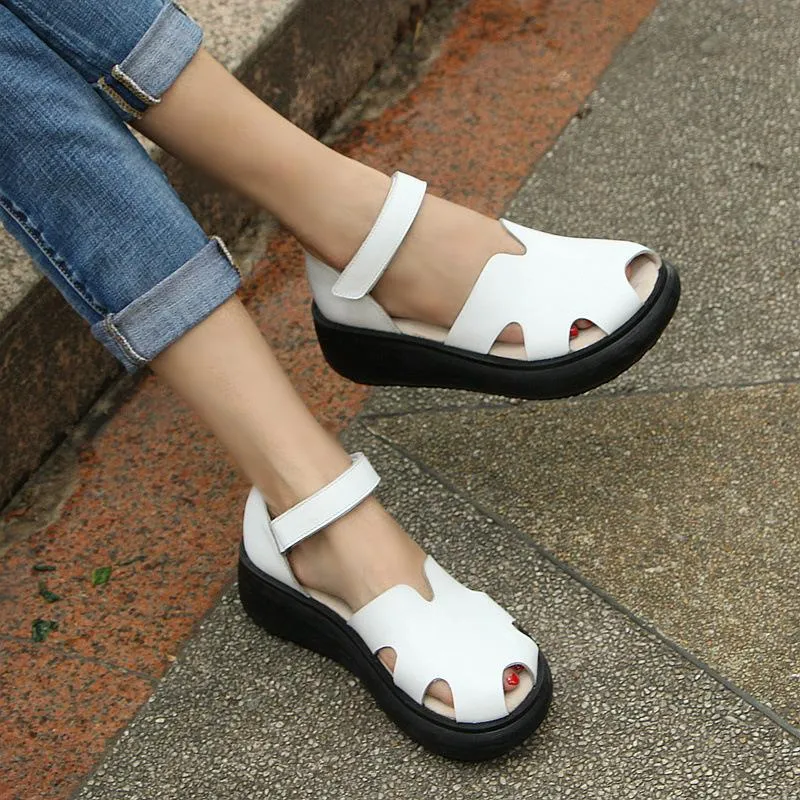 Summer Wedge Sandals Platform Cut Out Open Peep Toe Sandals Black/White