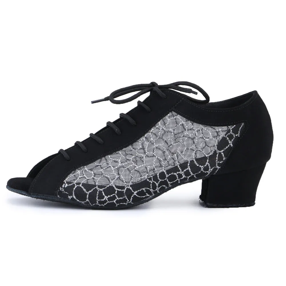 Women Ballroom Dancing Shoes Ladies Tango Latin Practice Dance Shoe Suede Sole Lace-up Open-toe Black and Silver