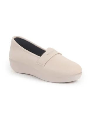 Women Cream Textured Slip On Casual Shoes Flatform Heel Height Enhancer|All Day Comfort|Daily Wear Shoes