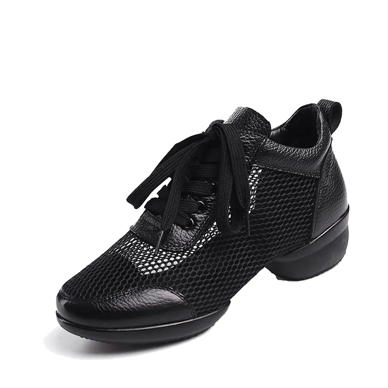 Women's Leather Mesh Lace-up 4cm Heel Dance Sneakers Practice Dance Shoes Jazz Dance